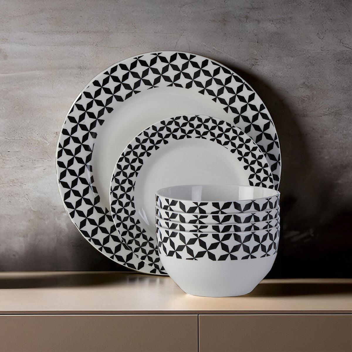 Orsina Avie 12-Piece Windmill Dinner Set – Black & White Ceramic