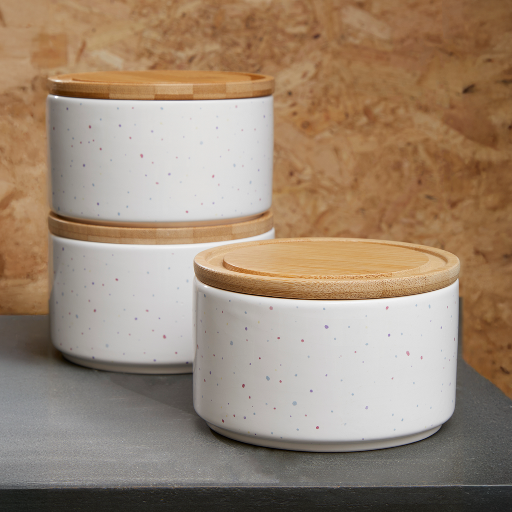 Orsina Fenwick Set of 3 Stackable Canisters with Bamboo Lids – White