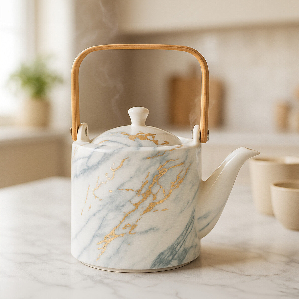 Orsina Marble Luxe Teapot – White Ceramic with Metallic Accents