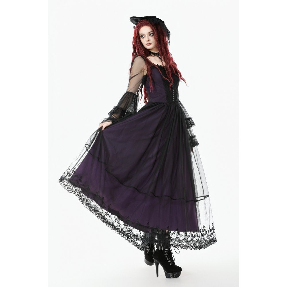 Dark in Love Lilith Gothic Maxi Dress – Black & Plum Bell Sleeve