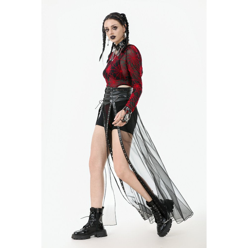 Dark in Love Gothic Sheer Mesh Maxi Skirt with PU Corset Belt - Black