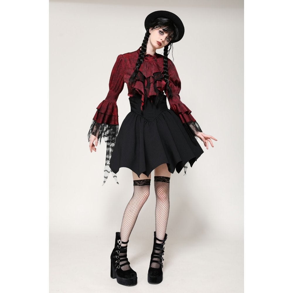 Dark in Love Vampiretta Red Distressed Frilly Blouse with Lace