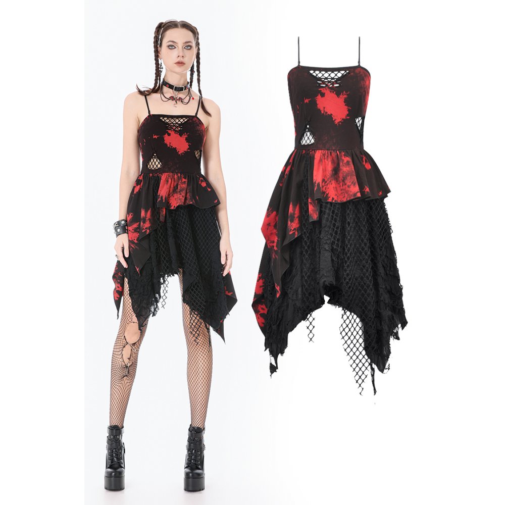 Dark in Love Red & Black Tie Dye Punk Dress | Asymmetric Mesh Goth Style