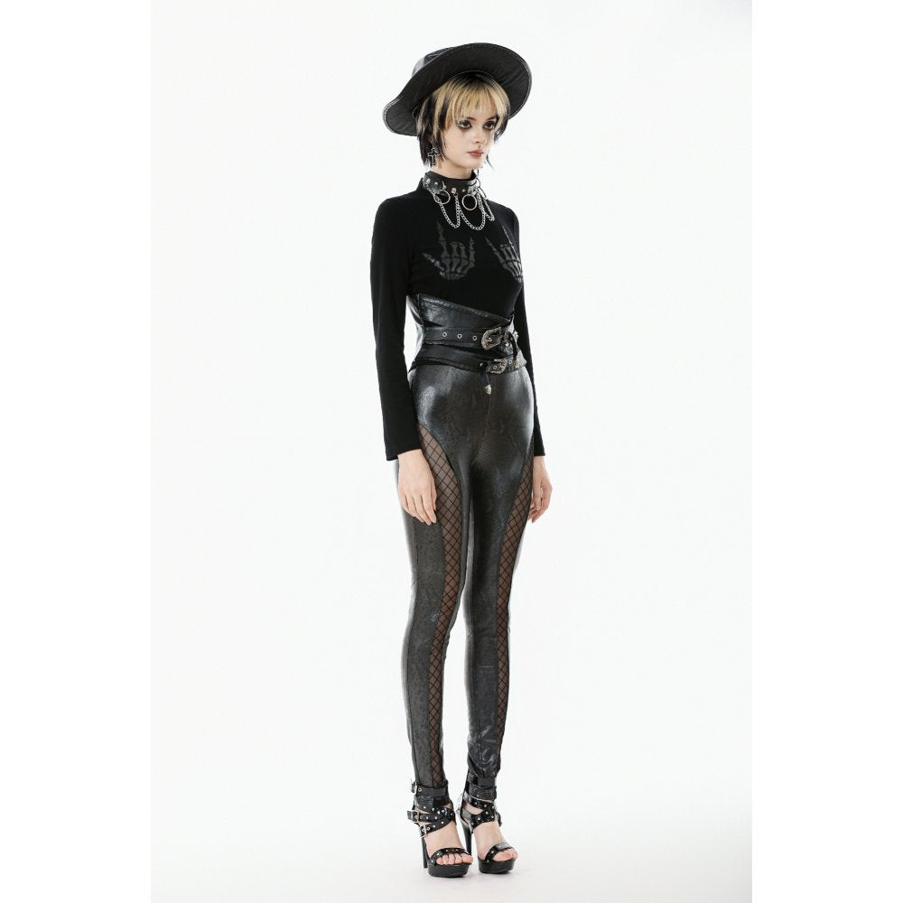 Dark in Love Serpentine Mesh Panel Leggings – Black Faux Leather