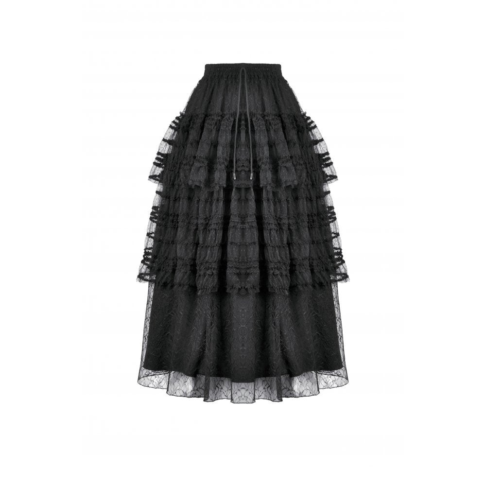 Dark in Love Morticia Gothic Velvet & Lace Tiered Skirt in Black