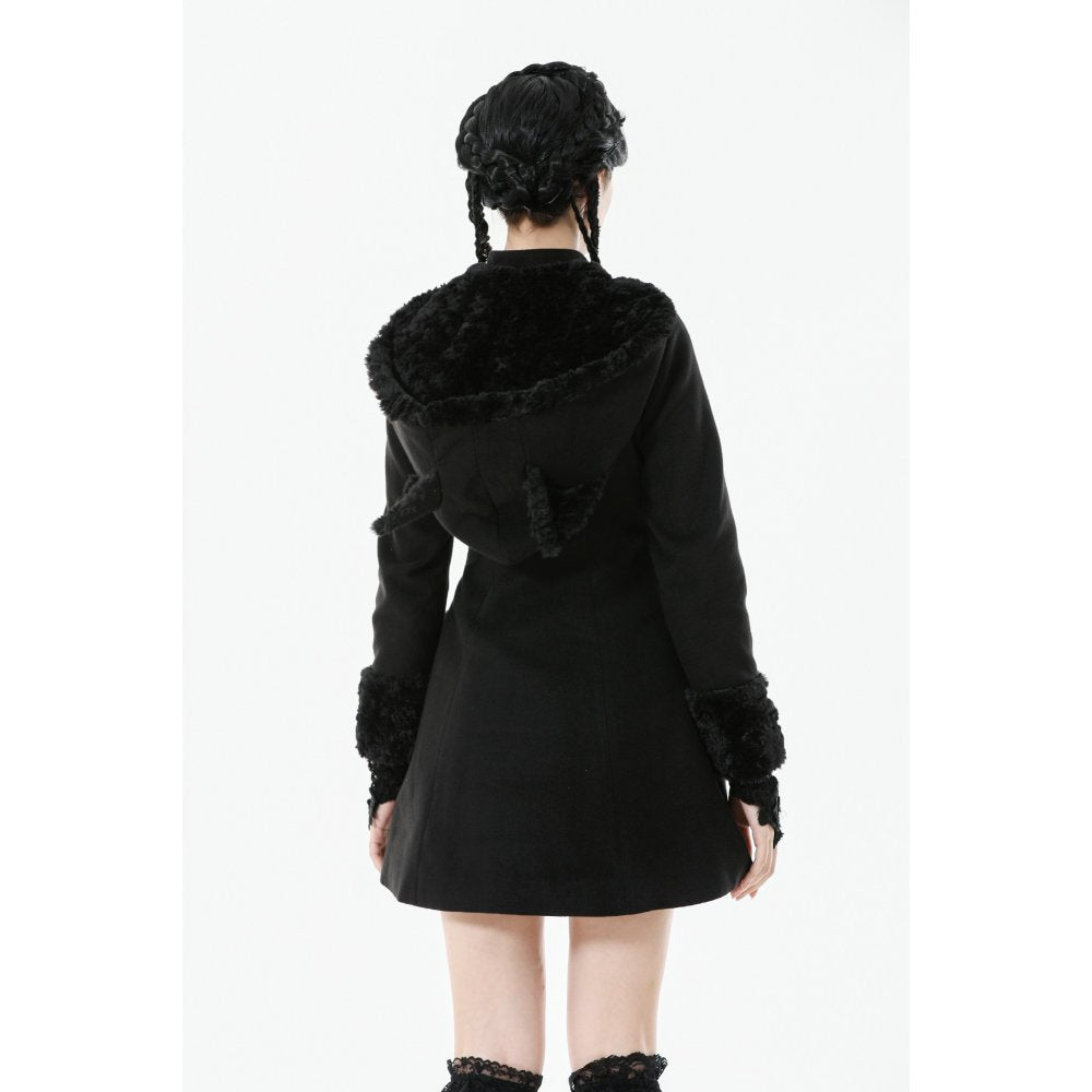 Dark in Love Cat-Ear Faux Fur Trim Gothic A-Line Skater Coat