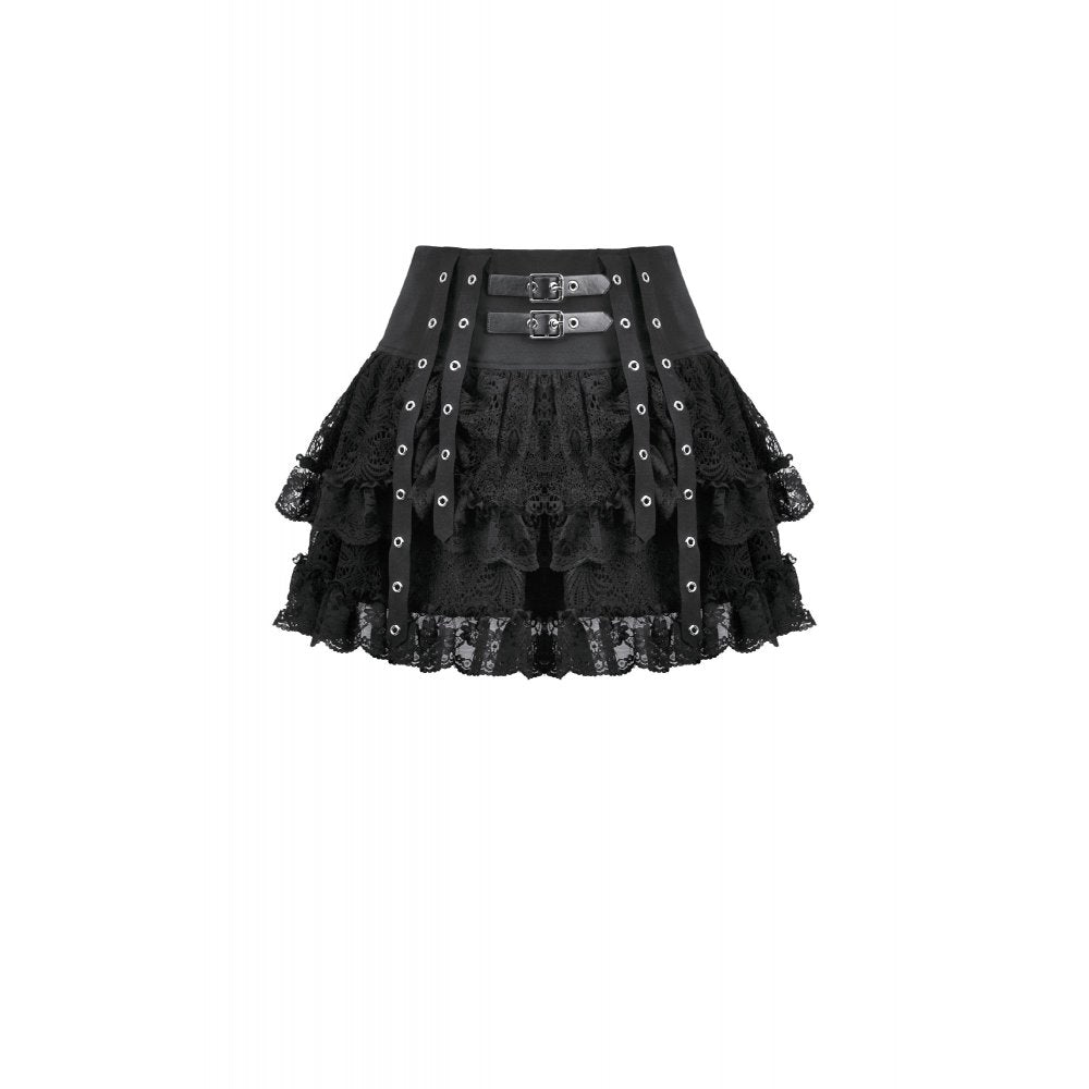 Dark in Love Black Punk Eyelet Lace Layered Mini Skirt with Buckles