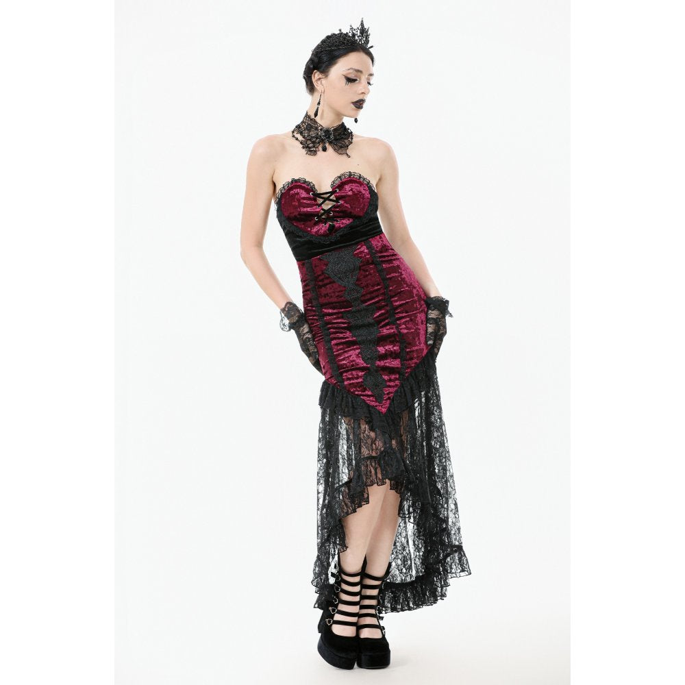 Dark in Love Crimson Queen High-Low Goth Skirt – Burgundy Velvet & Lace