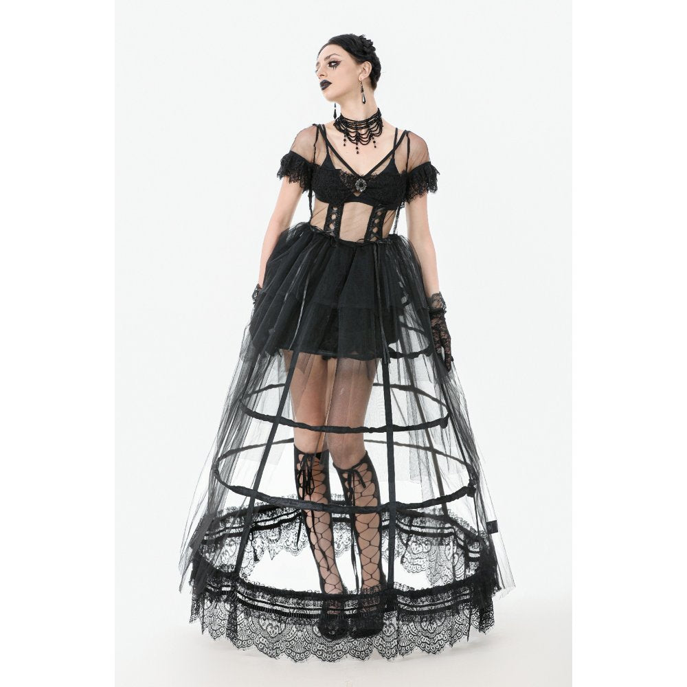 Dark in Love Gothic Hoop Cage Skirt with Lace Trim - Black
