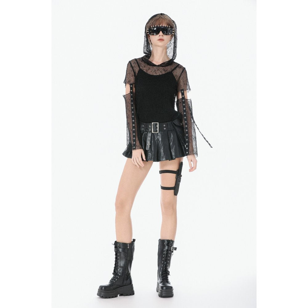 Dark in Love Punk Mesh Hollow-Out Hooded Top – Black Gothic Layer