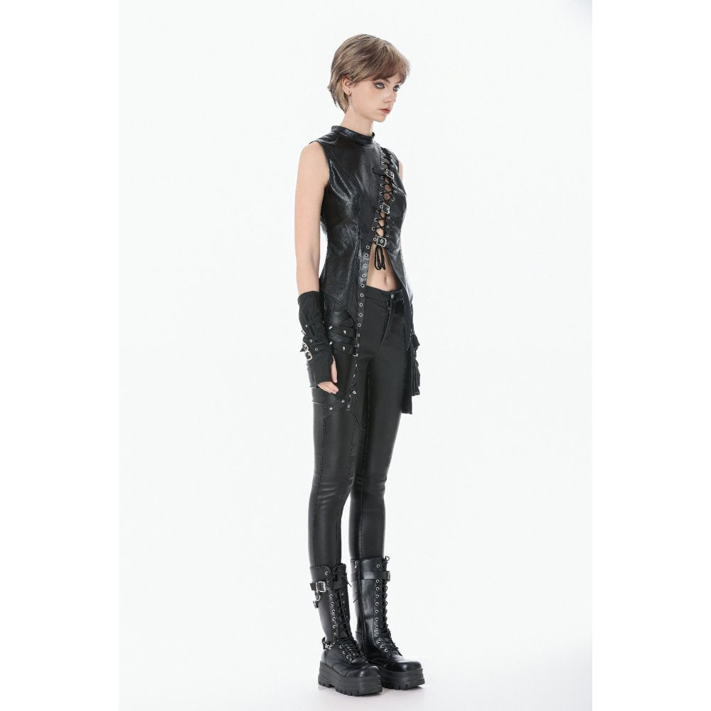Dark in Love Black Distressed Leather-Look Lace-Up Punk Vest Top