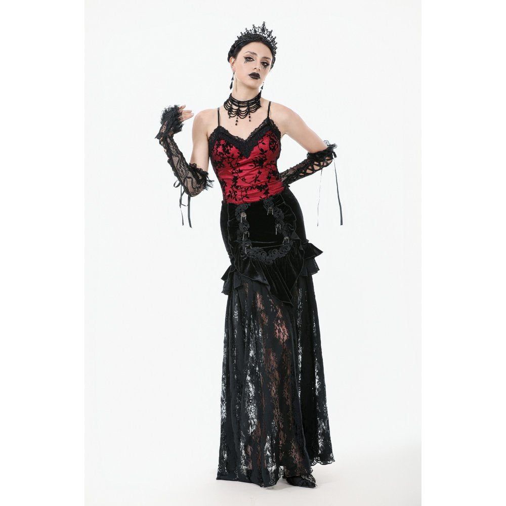 Dark in Love Gothic Lace Velvet Layered Maxi Skirt – Black Victorian