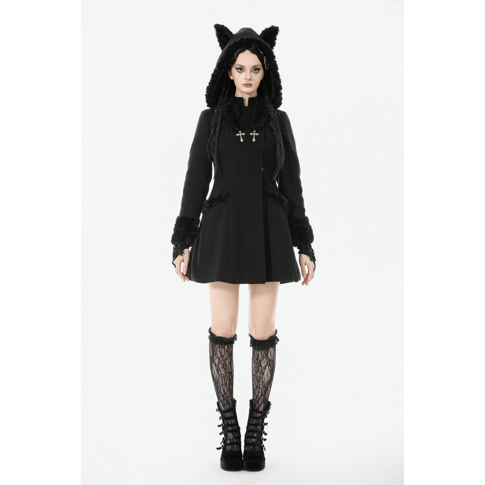 Dark in Love Cat-Ear Faux Fur Trim Gothic A-Line Skater Coat