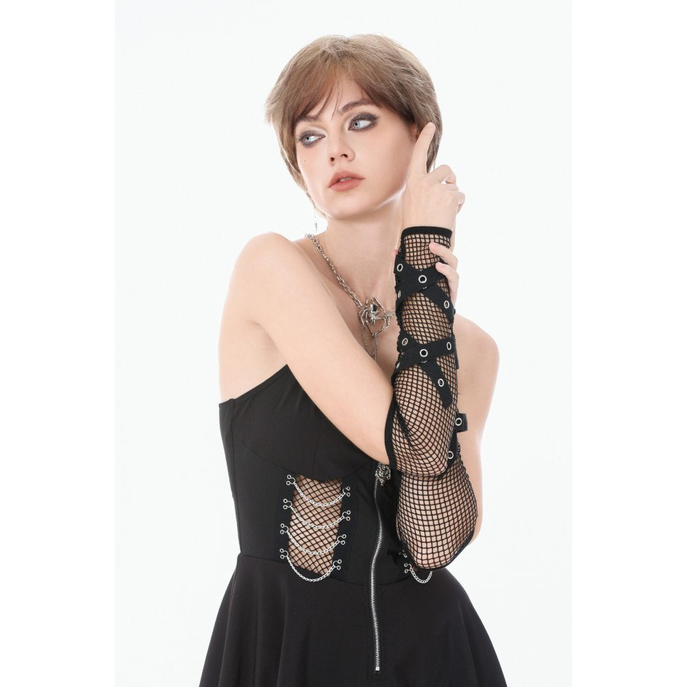 Dark In Love Punk Mesh Hollow Chain Gloves – Black Goth Armwear
