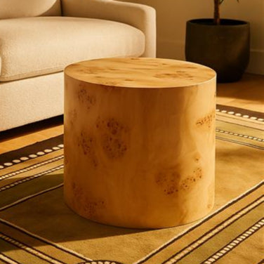 Orsina Mota Round Burl Wood Side Table – Natural Drum Accent Table
