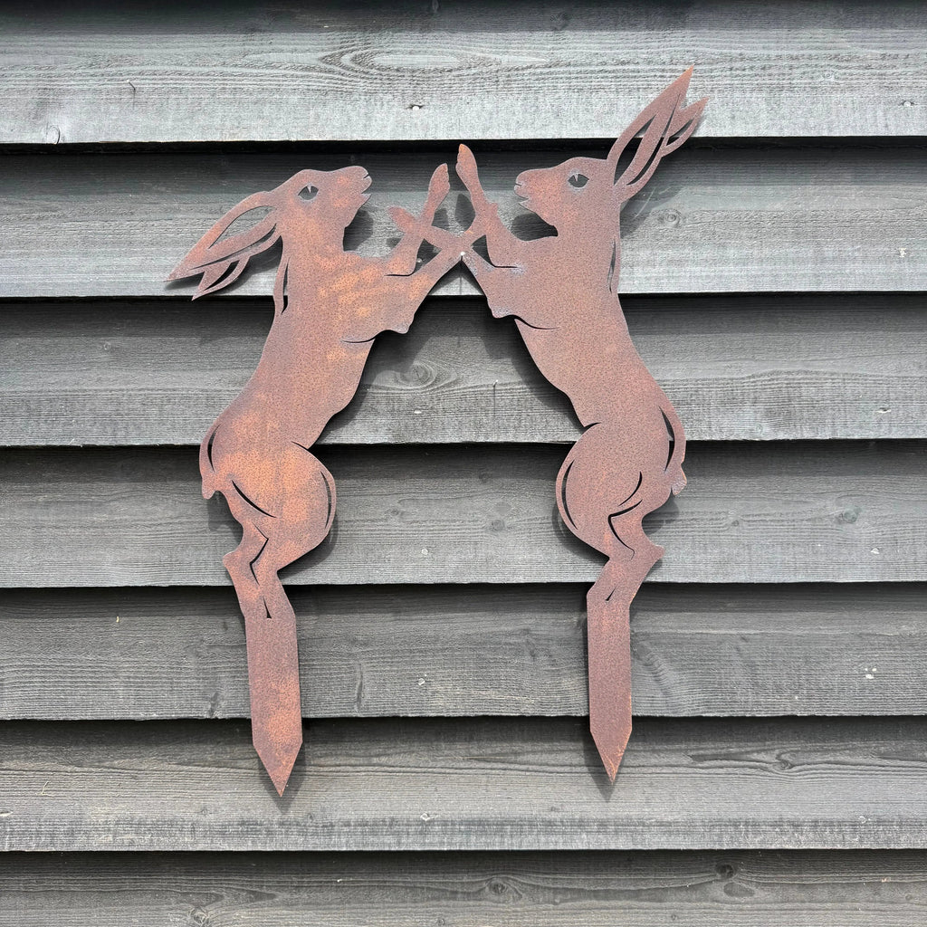 Rustic Metal Boxing Hares Garden Statue | 75cm Steel Lawn Decor