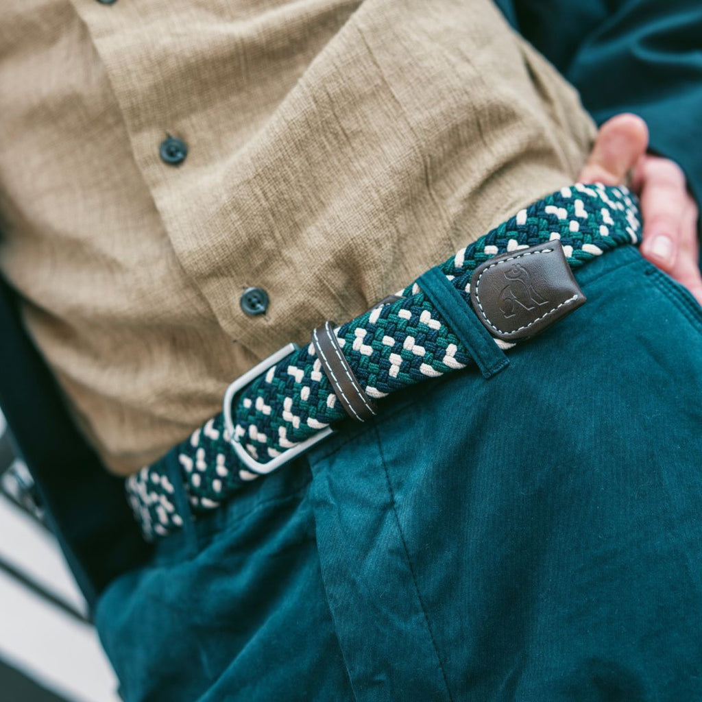 Swole Panda Recycled Woven Belt – Navy & Green Zigzag Elasticated