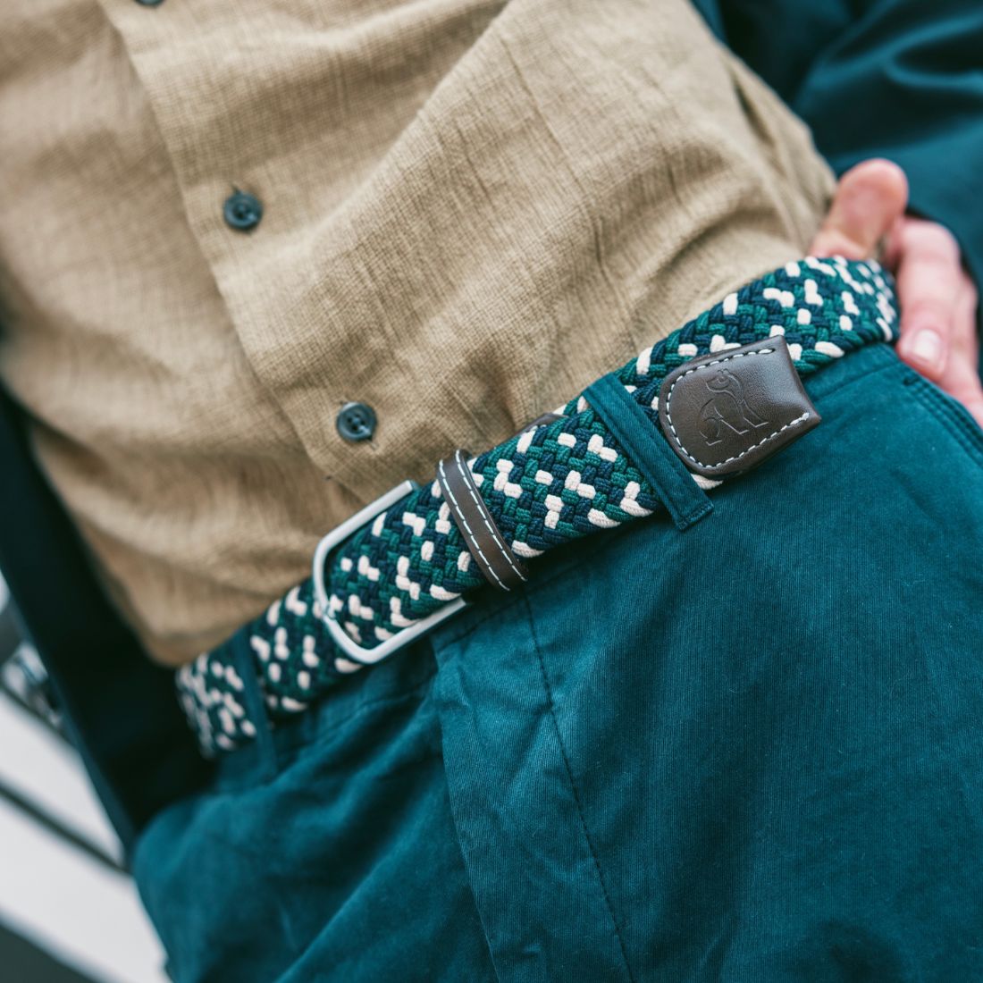 Swole Panda Recycled Woven Belt – Navy & Green Zigzag Elasticated