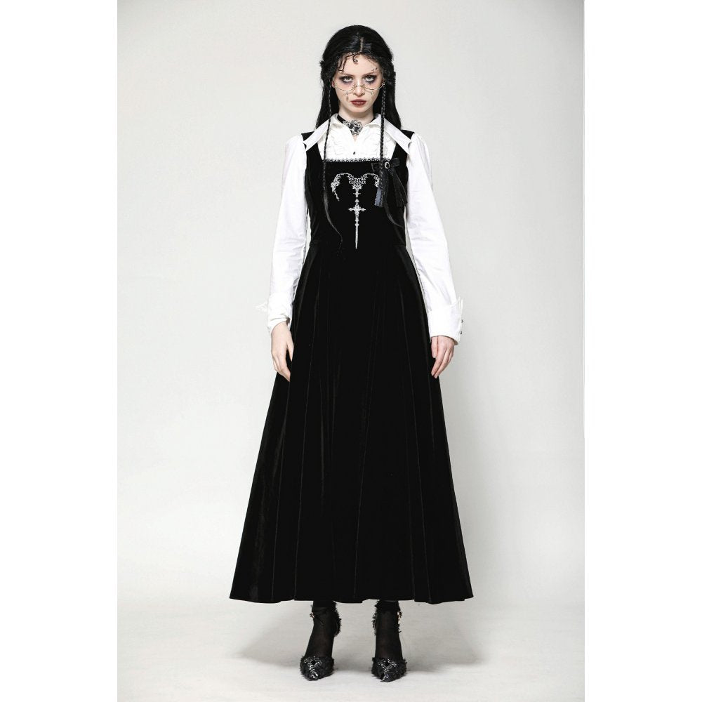 Dark in Love Lux Black Velvet Horn Embroidery Gothic Maxi Dress