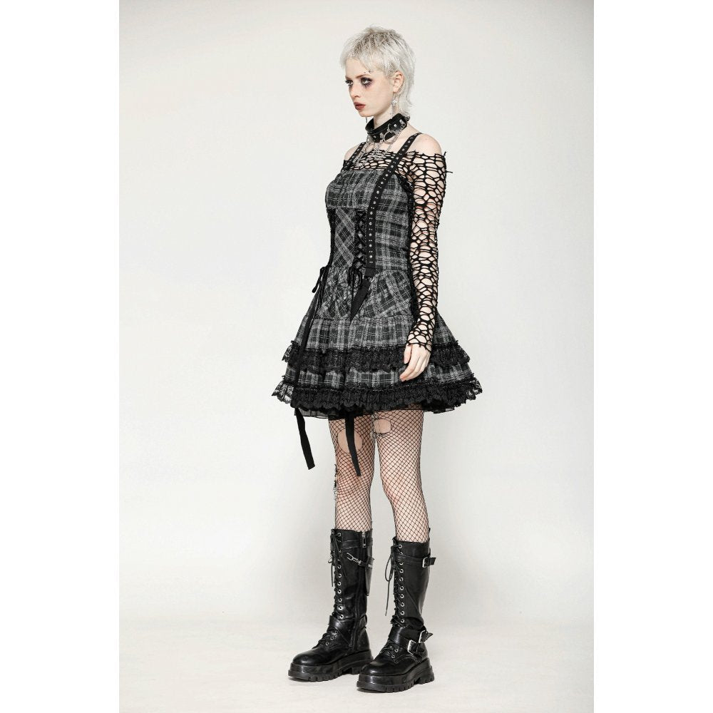 Dark in Love Ida Grey Tartan Punk Dress | Studded Gothic Lolita Style