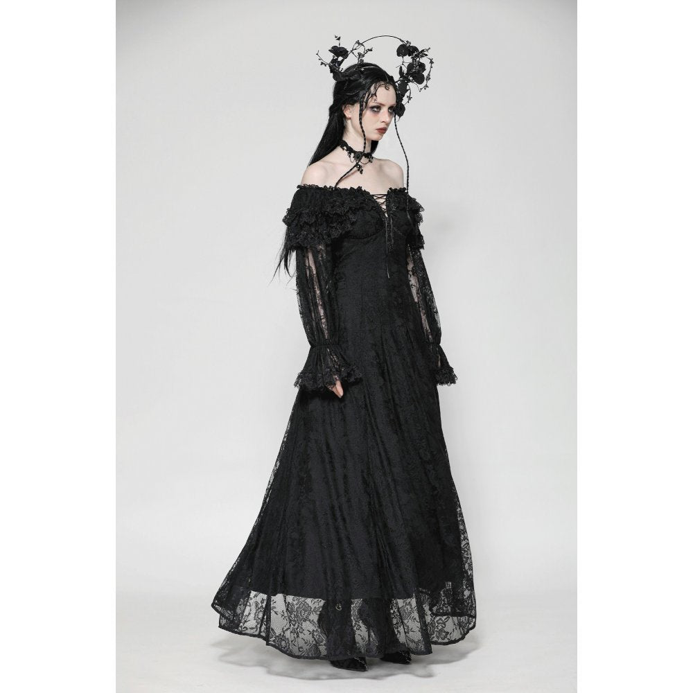 Dark in Love Cosette Gothic Maxi Dress – Lace Ruffle Off-Shoulder