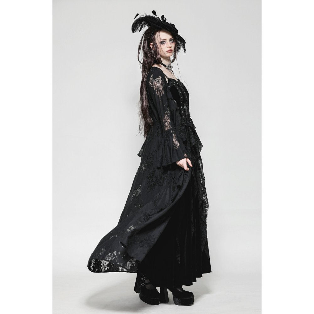 Dark in Love Emersyn Gothic Long Robe – Floral Lace Bell Sleeve