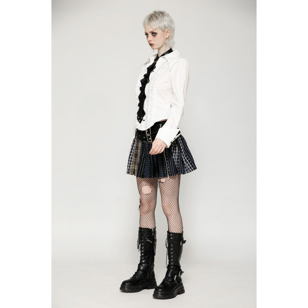 Dark in Love Sage Plaid Patchwork Pleated Mini Skirt with Leather Waist