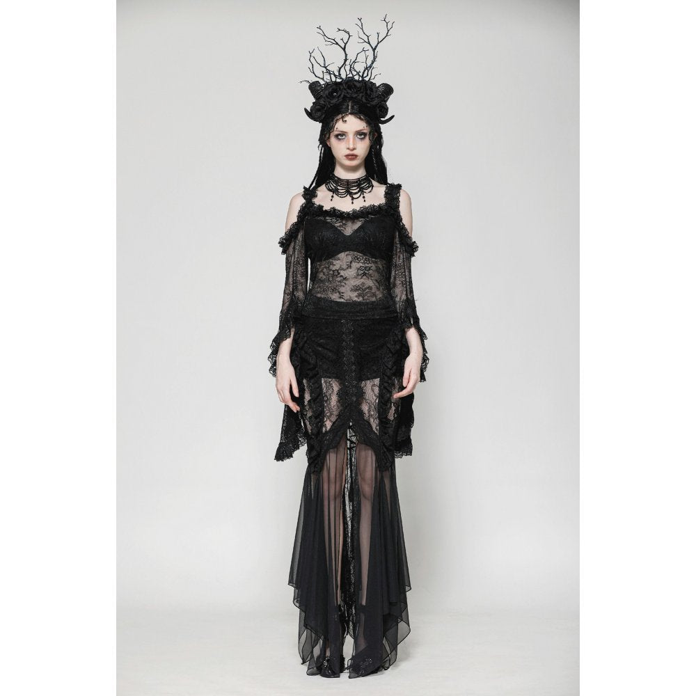 Dark in Love Nevaeh Gothic Lace and Mesh Mermaid Skirt – Black Embroidery