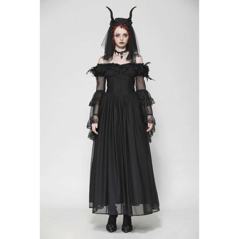 Dark in Love Millicent Black Tulle Feather Gothic Dress with Lace
