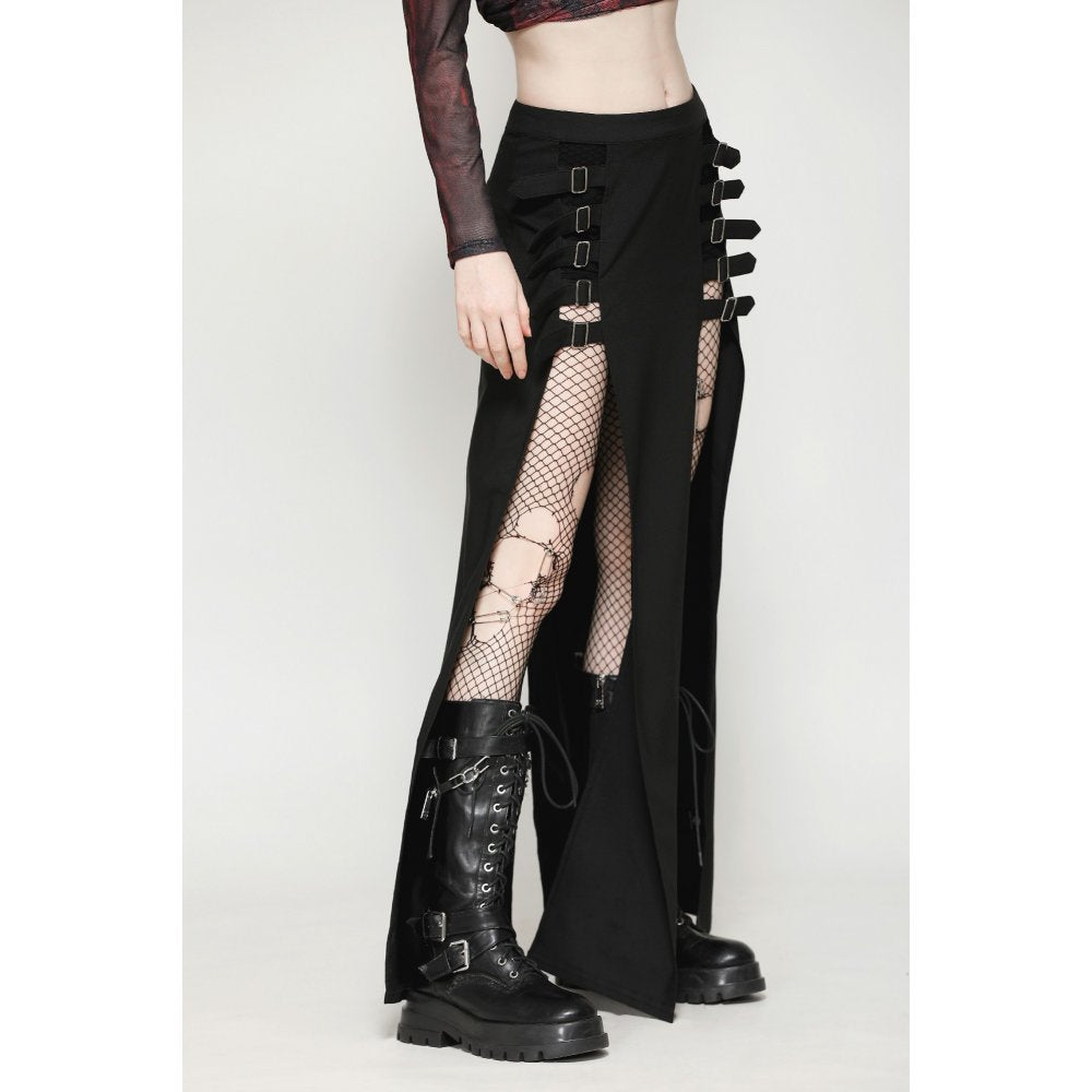 Dark in Love Phoenix Black Slit Maxi Skirt | Goth Faux Leather Buckle