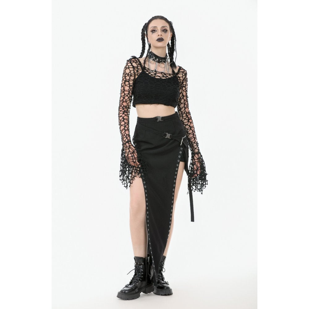 Dark in Love Morana Black Mesh Crochet Knit Bell Sleeve Crop Top