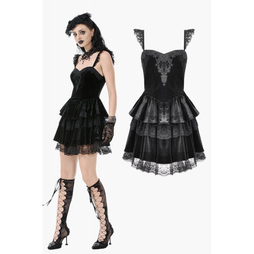 Dark in Love Nocturne Black Velvet Lace Ruffled Goth Dress