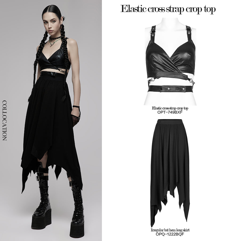 PUNK RAVE Nyx Black Faux Leather Cross Strap Crop Top – Gothic Style