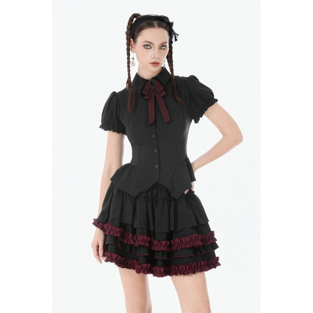 Dark in Love Black & Crimson Gothic Tiered Ruffle Mini Skirt