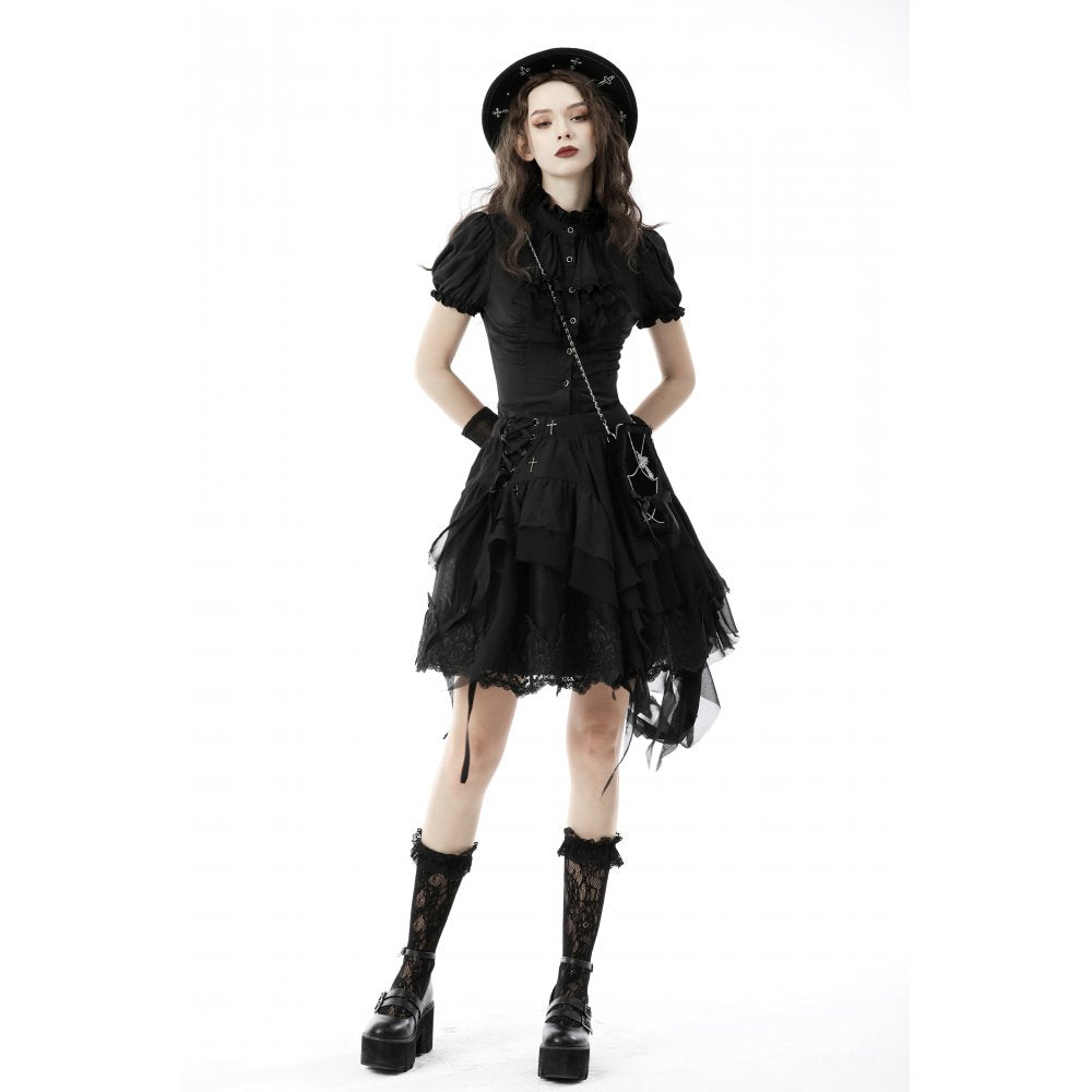 Dark In Love Sinead Black Gothic Blouse – Short Puff Sleeve Ruffle Collar