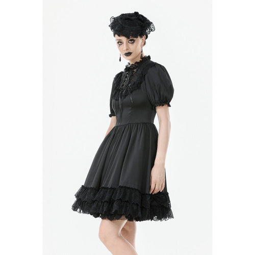 Dark in Love Belladonna Goth Dress – Black Lace-Up Puff Sleeve