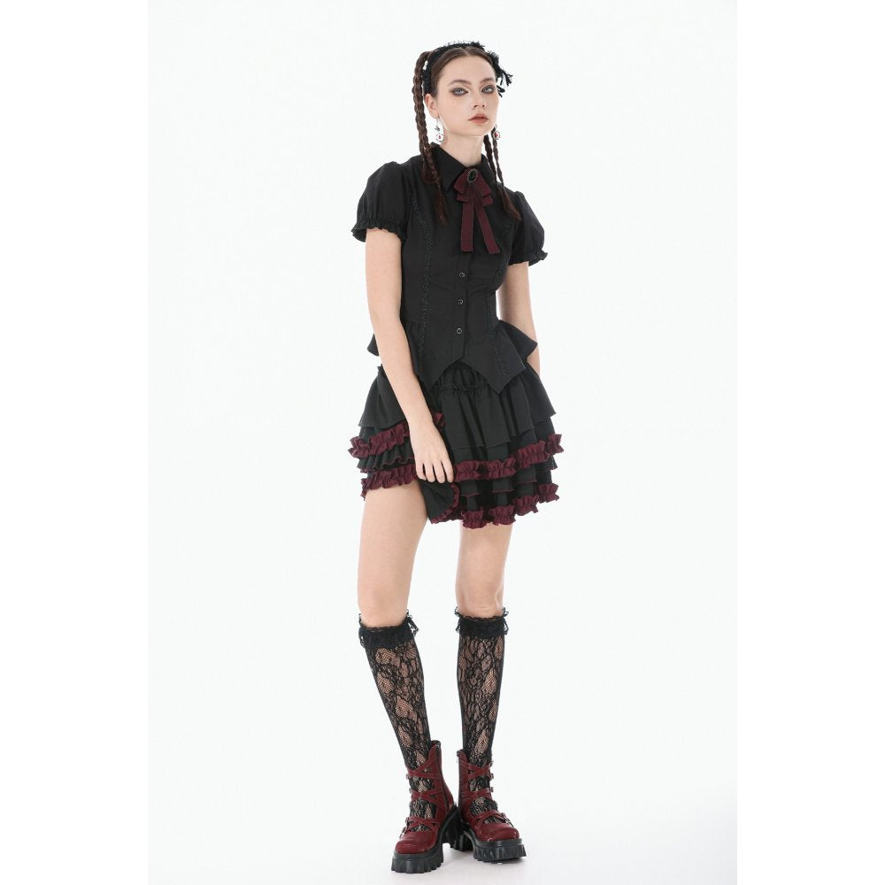 Dark in Love Black & Crimson Gothic Tiered Ruffle Mini Skirt