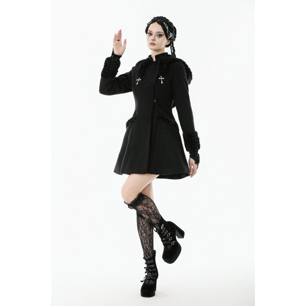 Dark in Love Cat-Ear Faux Fur Trim Gothic A-Line Skater Coat
