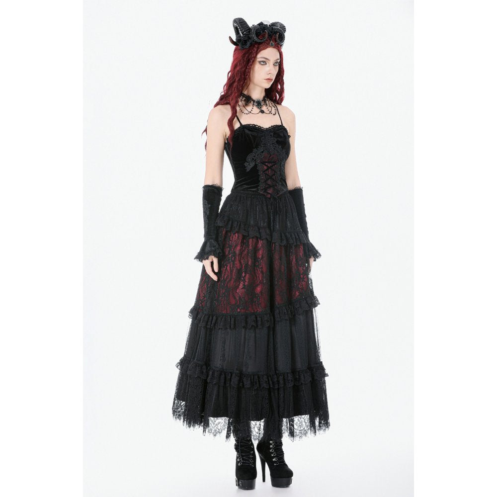 Dark in Love Gothic Black & Red Velvet Lace Corset with Straps