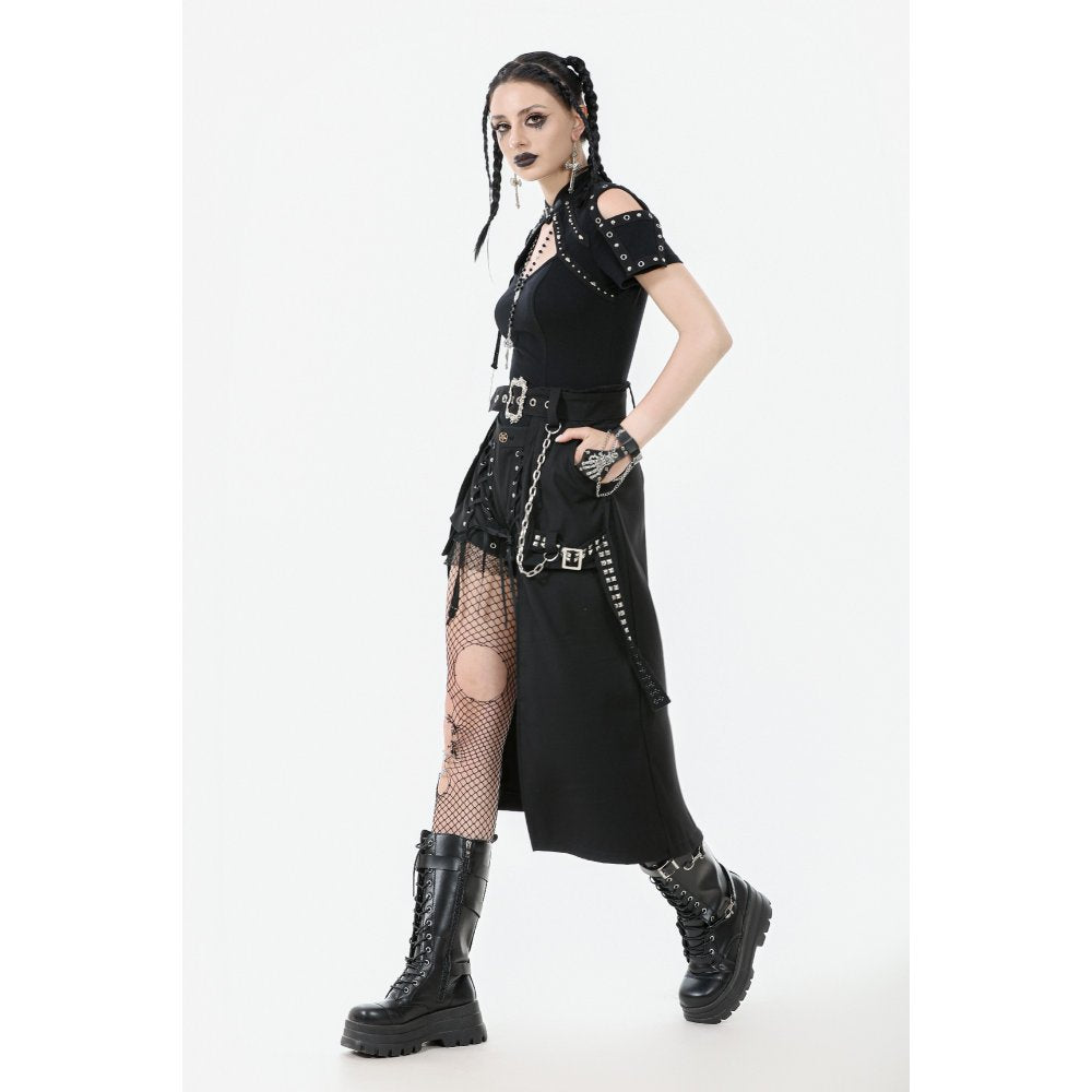Dark in Love Chain Belt Layered Goth Skirt - Black Polyester Punk