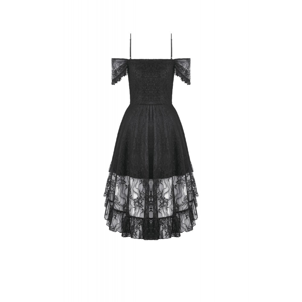 Dark in Love Gothic Lace High-Low Dress – Black Off-Shoulder Gown