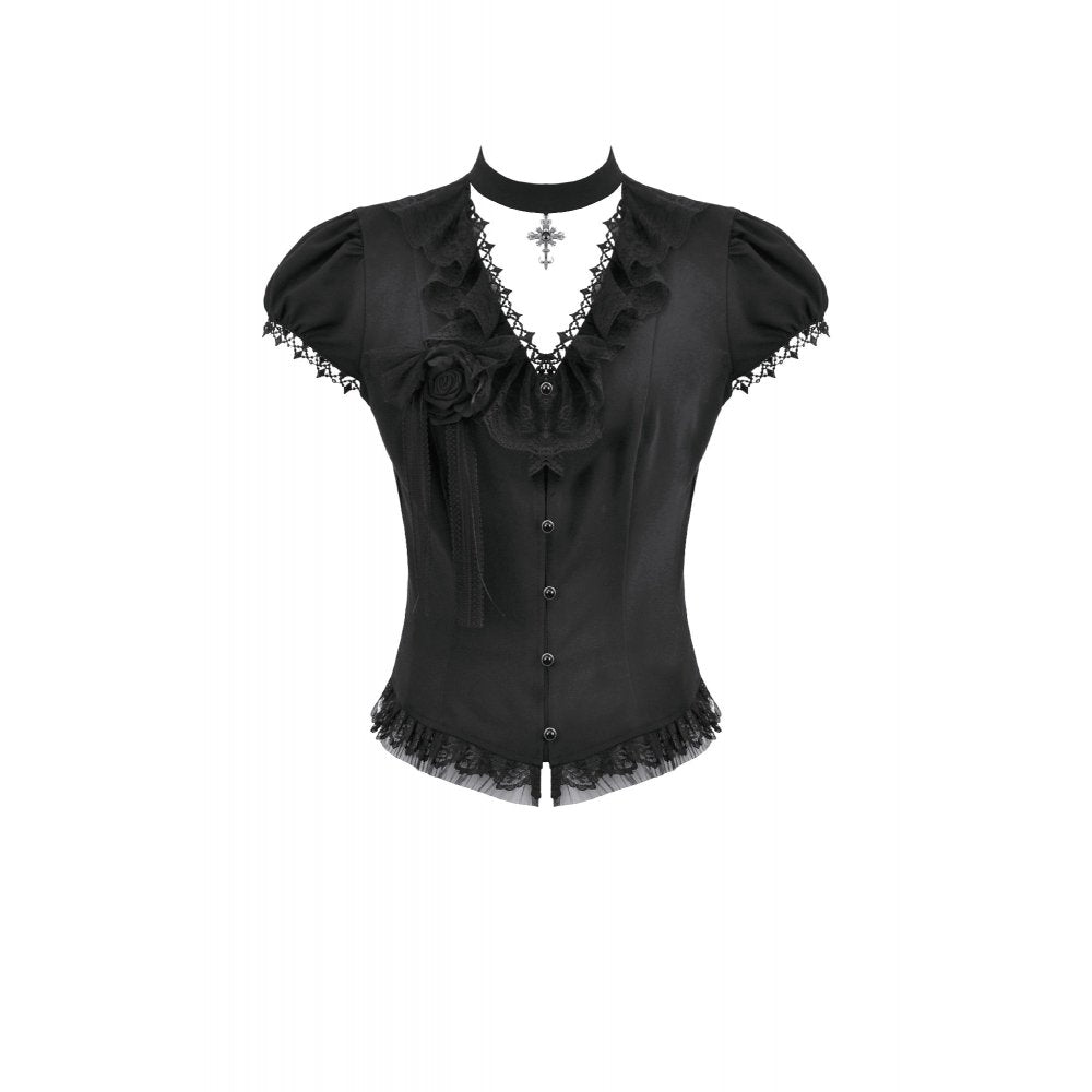 Dark in Love Courtly Cross Gem Gothic Blouse | Black Lace Puff Sleeve