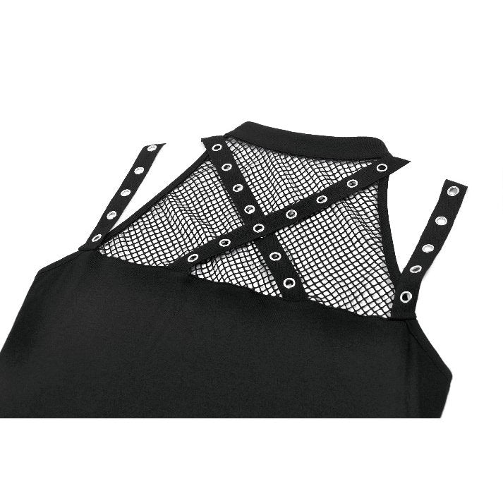 Dark in Love Ruth Gothic Mesh Sleeveless Top – Fishnet & Faux Leather