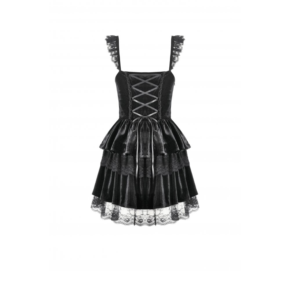 Dark in Love Nocturne Black Velvet Lace Ruffled Goth Dress