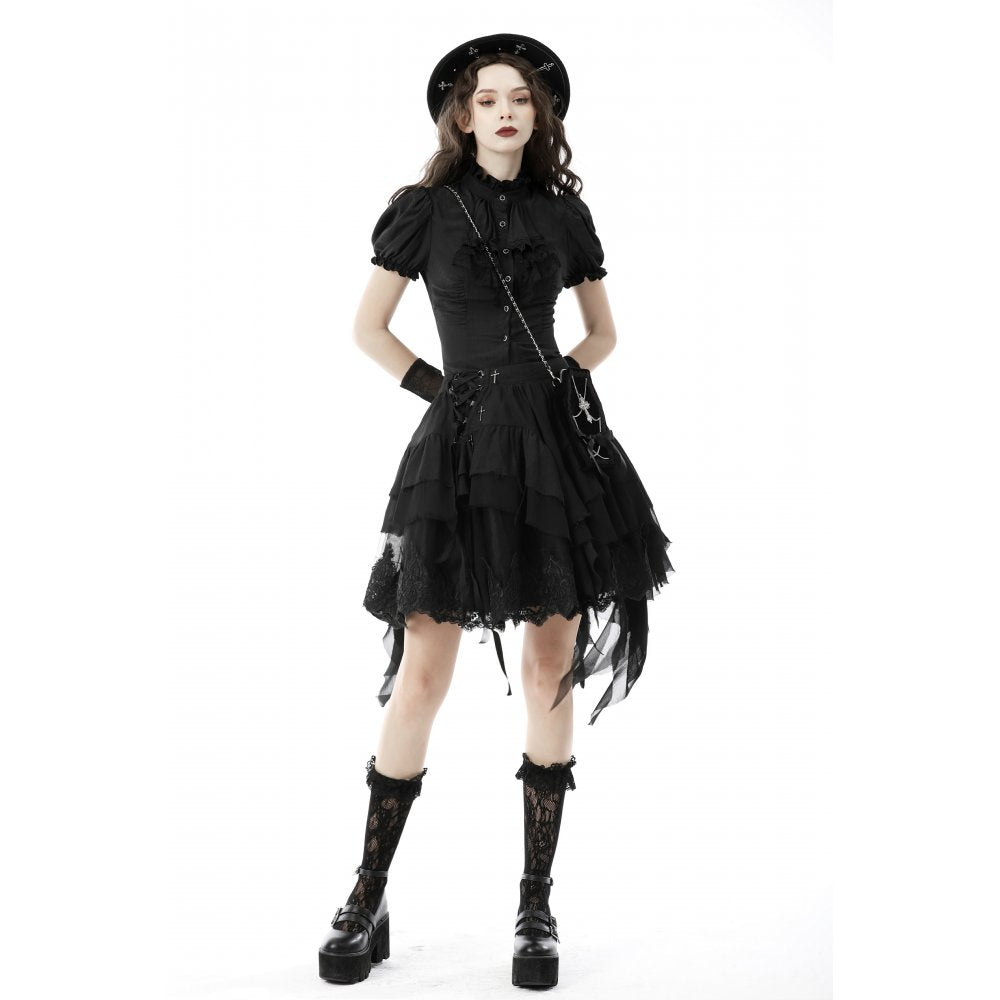 Dark In Love Sinead Black Gothic Blouse – Short Puff Sleeve Ruffle Collar