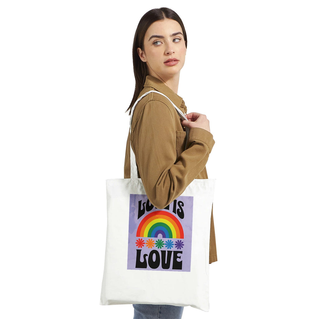 Love Is Love Tote Bag – LGBTQ+ Pride Rainbow Shopper Bag - Eco-Friendly Reusable Cotton Tote with Retro 70s Style Design