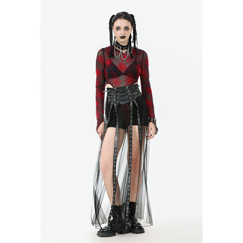Dark in Love Gothic Sheer Mesh Maxi Skirt with PU Corset Belt - Black