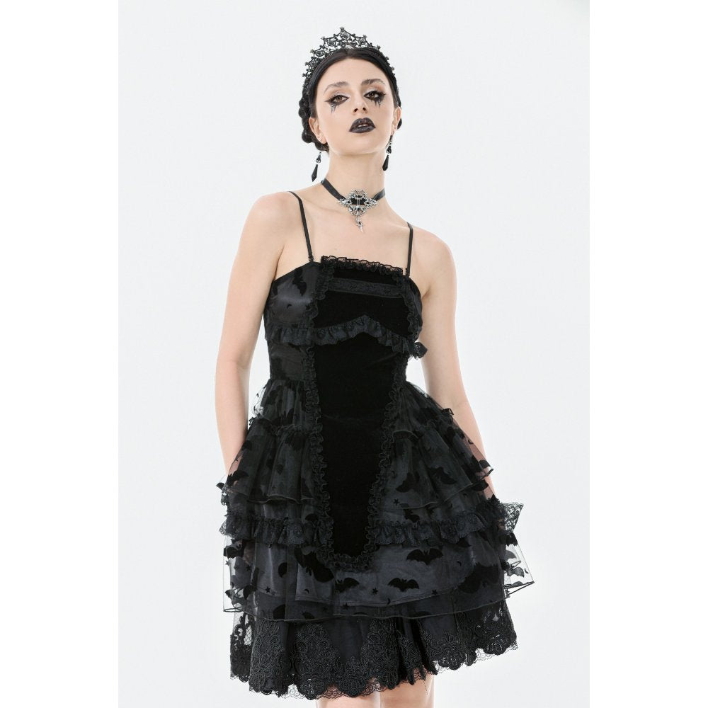 Dark in Love Morwenna Bat Mesh Layered Goth Mini Dress - Black Nylon