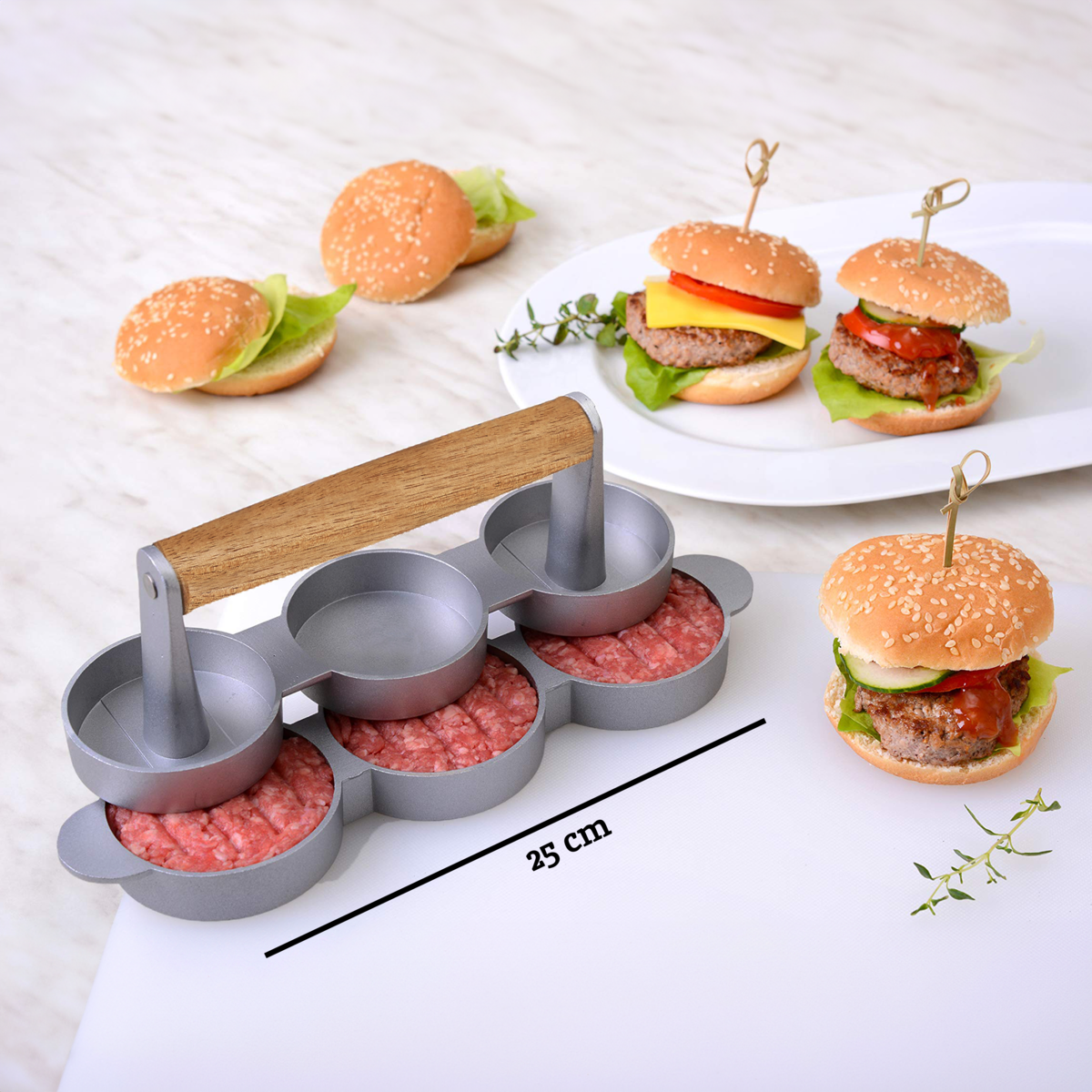 Orsina Triple Mini Burger Press – Non-Stick Slider Maker with Wood Handle