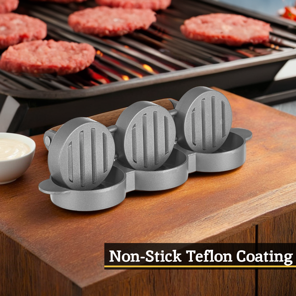 Orsina Triple Mini Burger Press – Non-Stick Slider Maker with Wood Handle